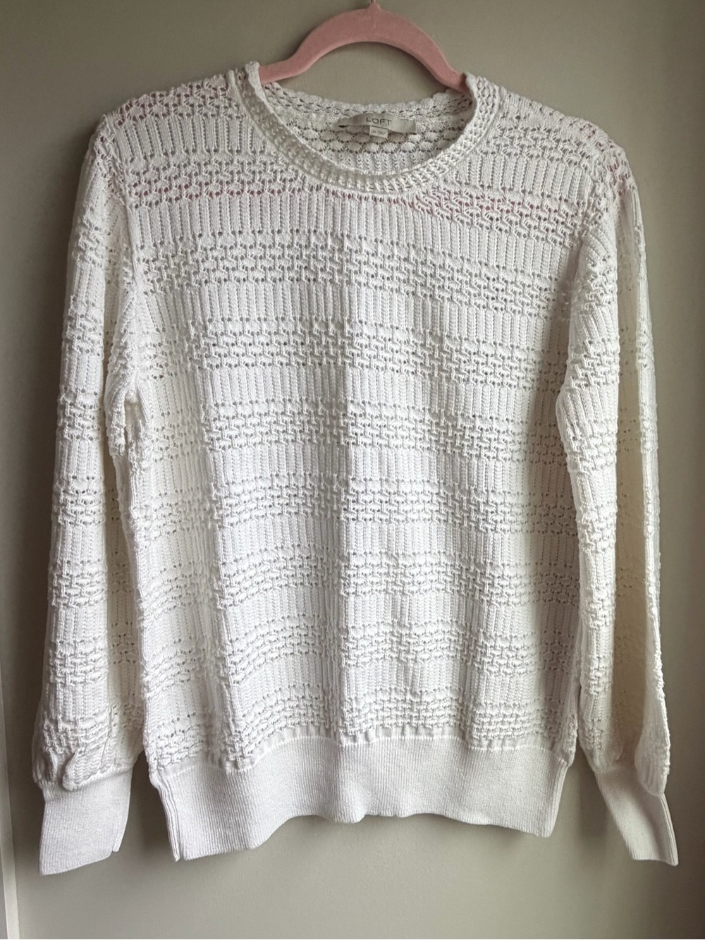 LOFT Open-Knit Cream Crewneck Sweater